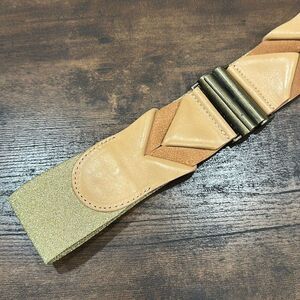 Maje Women's Glittered stretch Tan Double Buckle Belt Gold & Beige Size 2 Small
